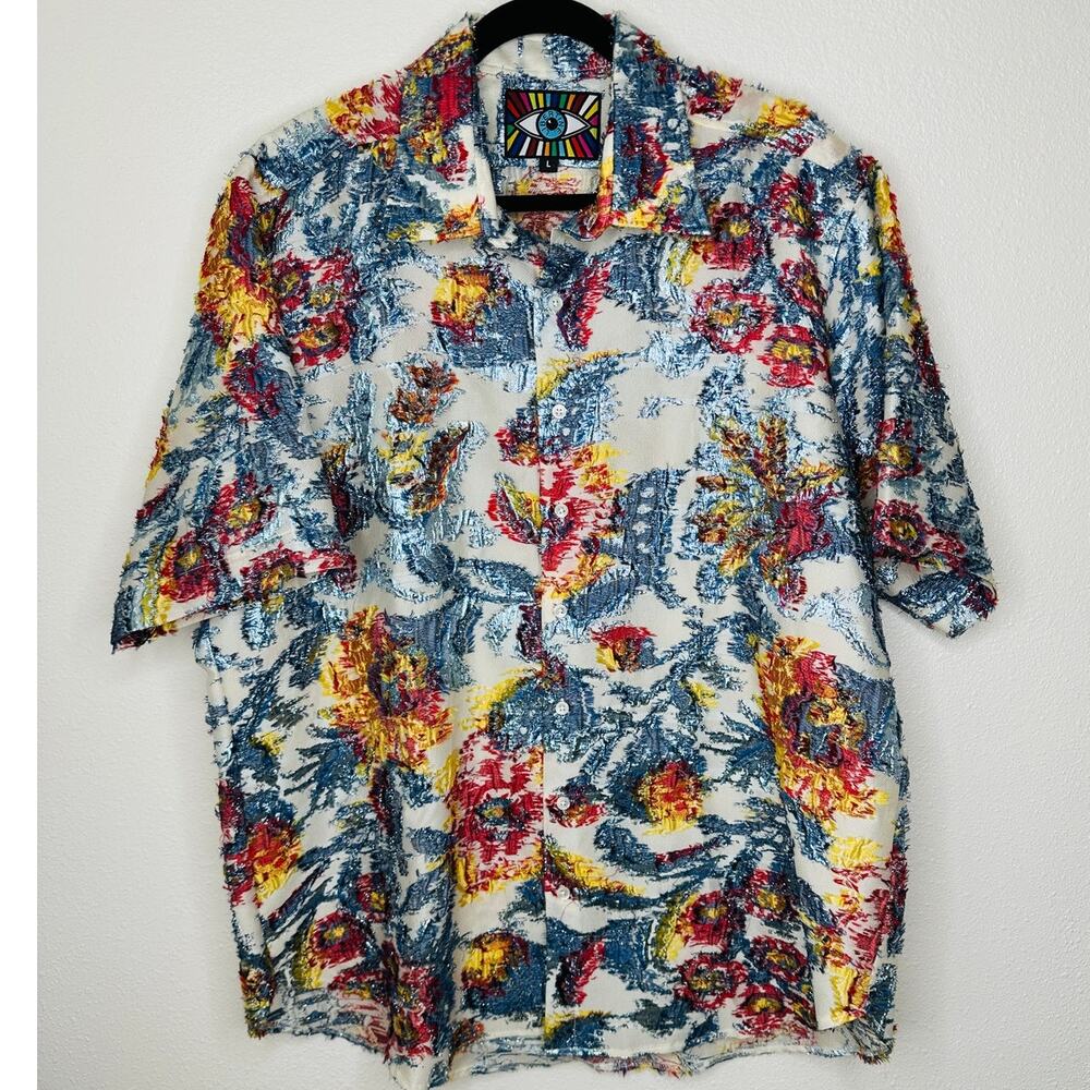 Libertine Cream Red Blue Gold Metallic Embroidered Button  Short Sleeve Shirt L - Picture 5 of 12